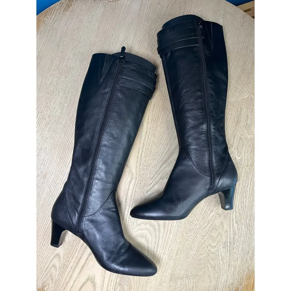 Cole Haan Tall Black Leather Buckle Boots Almond Toe Block Heel Women’s Size 8.5